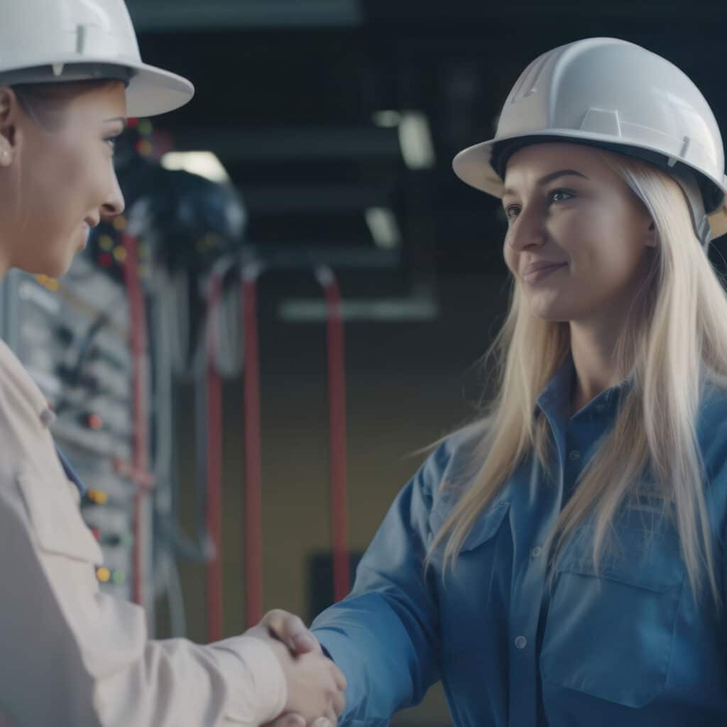 Professional Workplace Female Women: Caucasian White Electricians Greeting with Confidence Friendliness in Business Setting, Diversity Equity Inclusion