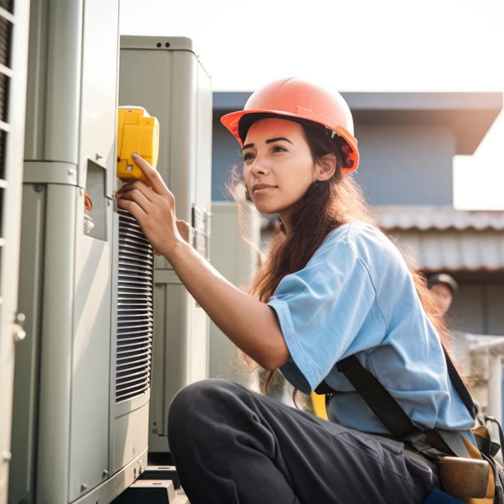 Young woman technician working on air conditioning outdoor unit.