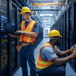 Workers inspecting server racks in data center