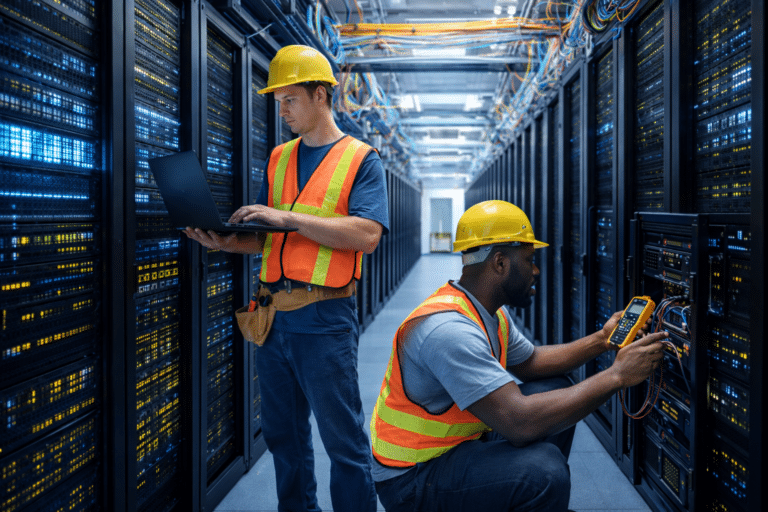 Workers inspecting server racks in data center